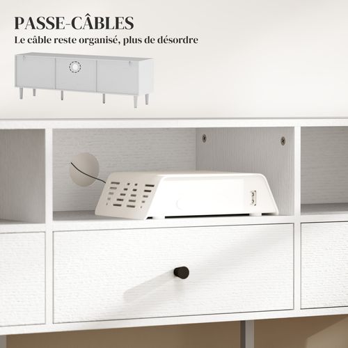 Meuble TV 3 Tiroirs 3 Niches Pieds Effilés Métal Effet Bois