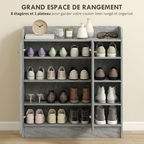 Armoire à Chaussures 2 Portes 4 Étagères 4 Niches Aspect Bois