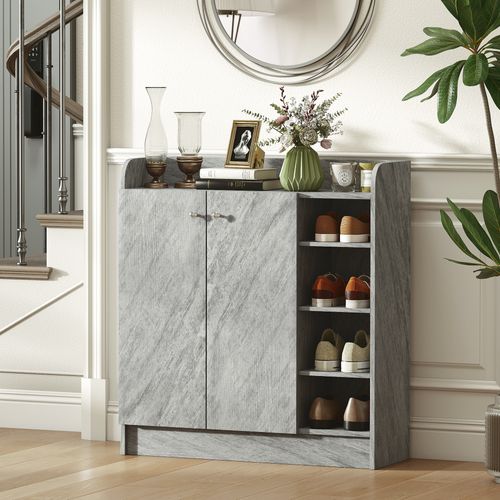 Armoire à Chaussures 2 Portes 4 Étagères 4 Niches Aspect Bois