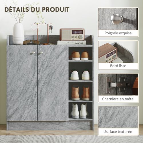 Armoire à Chaussures 2 Portes 4 Étagères 4 Niches Aspect Bois