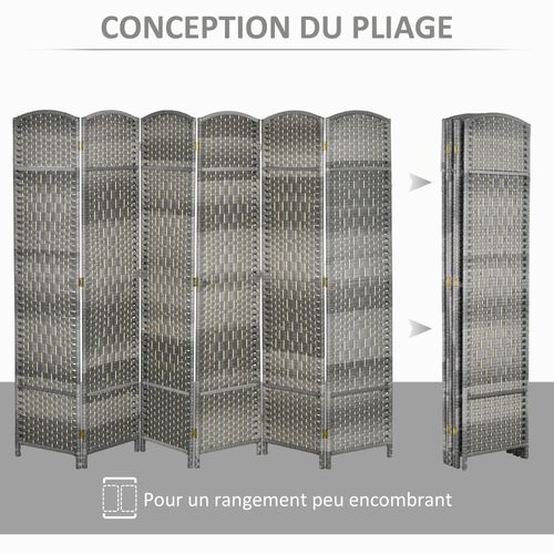 Paravent Intérieur 3 Panneaux Pliables En Bois Style Bohème Tissé Gris