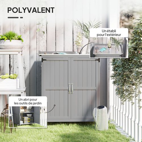 Armoire De Jardin Sur Pied 2 Portes Étagère Toit Ouvrant Bois Gris