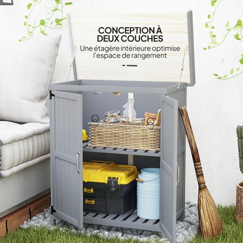 Armoire De Jardin Sur Pied 2 Portes Étagère Toit Ouvrant Bois Gris