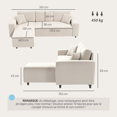 Canapé D'angle Réversible 3 Places Velours Côtelé Avec 2 Coussins Crème