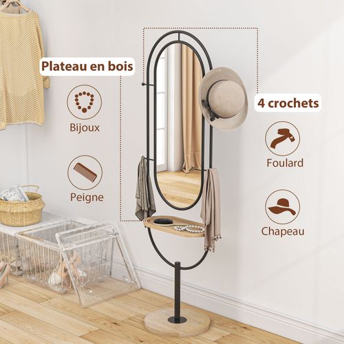 Miroir Étagère Design H.175 Cm Tablette 4 Patères Métal Noir Bois Naturel