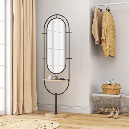 Miroir Étagère Design H.175 Cm Tablette 4 Patères Métal Noir Bois Naturel