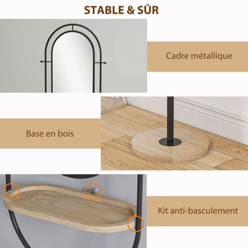 Miroir Étagère Design H.175 Cm Tablette 4 Patères Métal Noir Bois Naturel