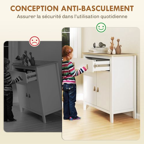 Buffet 2 Portes Étagère Tiroir Poignées Lanières Aspect Cuir