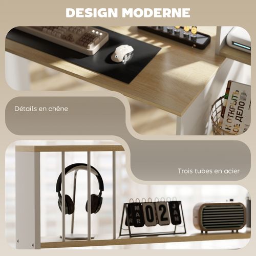 Bureau Informatique - 4 Étagères, Espace Cpu - Blanc Effet Bois Clair