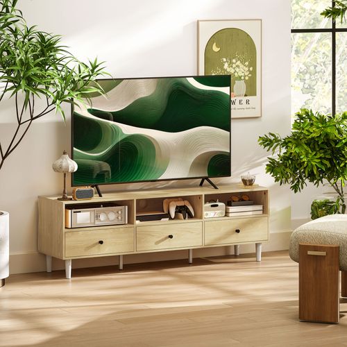 Meuble TV 3 Tiroirs 3 Niches Pieds Effilés Métal Effet Bois