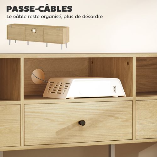 Meuble TV 3 Tiroirs 3 Niches Pieds Effilés Métal Effet Bois