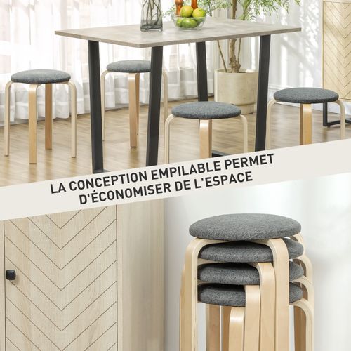 Lot De 4 Tabourets Empilables Assise Rembourrée Bois Clair Gris