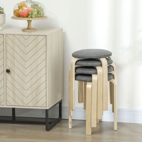 Lot De 4 Tabourets Empilables Assise Rembourrée Bois Clair Gris