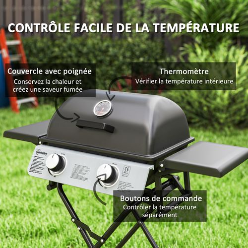 Barbecue Gaz Pliable Portable Avec Couvercle Roues 2 Brûleurs 5,6kw