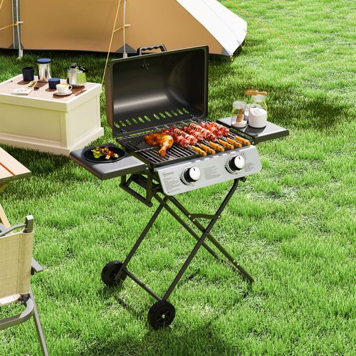 Barbecue Gaz Pliable Portable Avec Couvercle Roues 2 Brûleurs 5,6kw