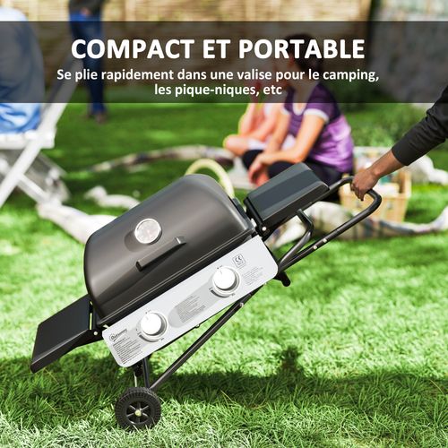 Barbecue Gaz Pliable Portable Avec Couvercle Roues 2 Brûleurs 5,6kw