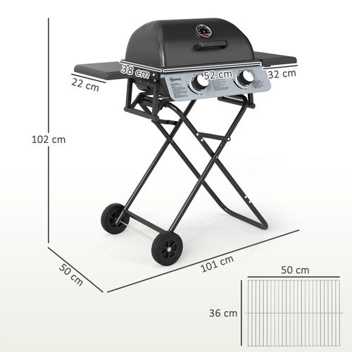 Barbecue Gaz Pliable Portable Avec Couvercle Roues 2 Brûleurs 5,6kw
