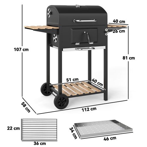 Barbecue Charbon De Bois Avec Couvercle 2 Roues Hauteur Grille Réglable Acier Noir Bois