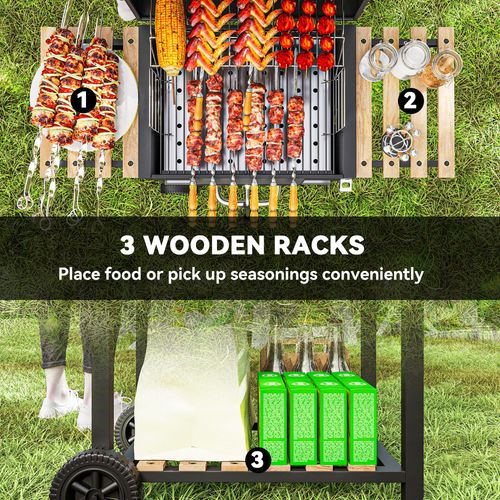 Barbecue Charbon De Bois Avec Couvercle 2 Roues Hauteur Grille Réglable Acier Noir Bois