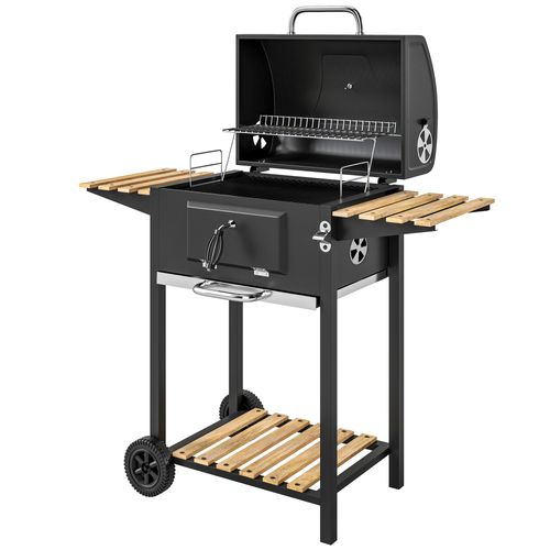 Barbecue Charbon De Bois Avec Couvercle 2 Roues Hauteur Grille Réglable Acier Noir Bois