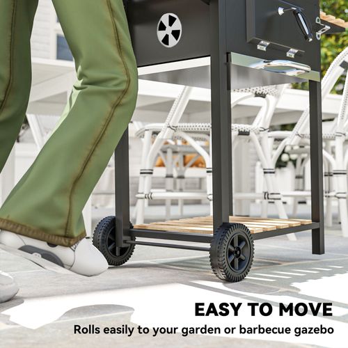 Barbecue Charbon De Bois Avec Couvercle 2 Roues Hauteur Grille Réglable Acier Noir Bois