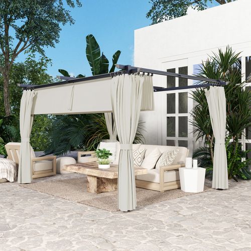 Pergola 3 X 4 M Toile Toit Rétractable 4 Rideaux Ajustables Métal Noir Tissu