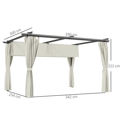 Pergola 3 X 4 M Toile Toit Rétractable 4 Rideaux Ajustables Métal Noir Tissu