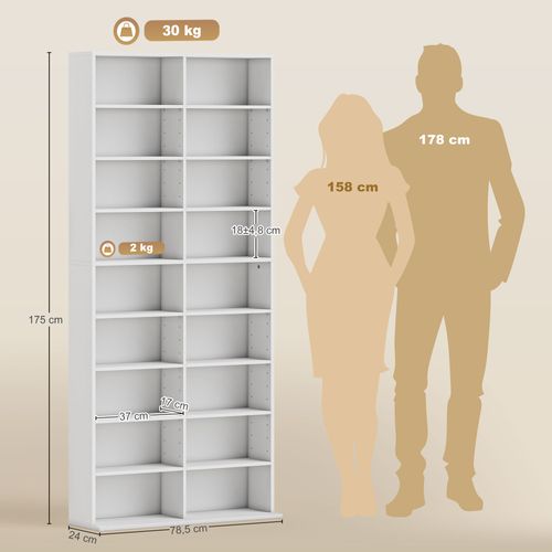 Étagère Pour Cd Et Dvd - 18 Compartiments, 14 Étagères Réglables - 78,5x24x175cm