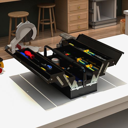 Boite à Outils Métal - Caisse à Outils 3 Niveaux 5 Plateaux Rétractables - Tôle Acier Noir
