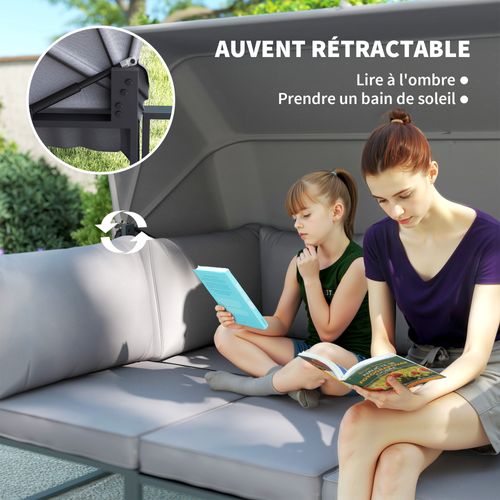 Salon De Jardin 5 Places 4 Pièces Auvent Rétractable Coussins Gris