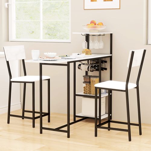 Ensemble Table De Bar 2 Tabourets - Multi-rangement - Acier Noir Effet Marbre Blanc