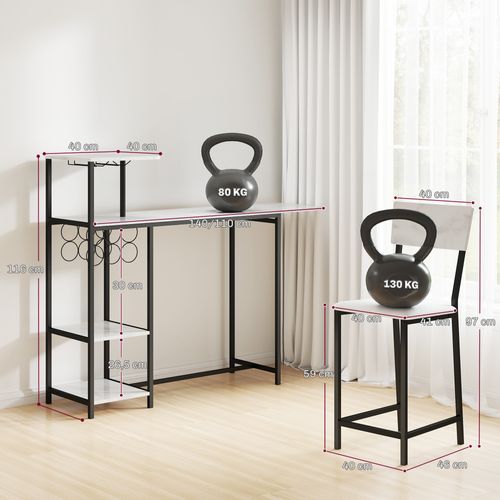 Ensemble Table De Bar 2 Tabourets - Multi-rangement - Acier Noir Effet Marbre Blanc