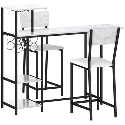 Ensemble Table De Bar 2 Tabourets - Multi-rangement - Acier Noir Effet Marbre Blanc