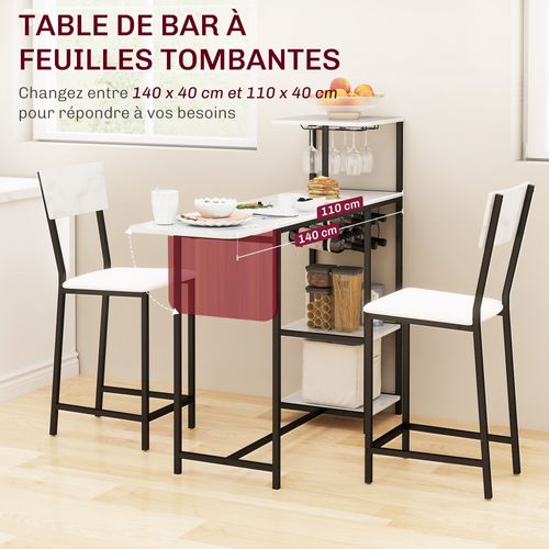 Ensemble Table De Bar 2 Tabourets - Multi-rangement - Acier Noir Effet Marbre Blanc