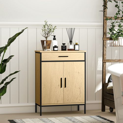 Meuble Bas De Salle De Bain Métal Bois Style Industriel 2 Portes Étagère Tiroir