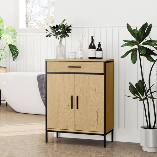Meuble Bas De Salle De Bain Métal Bois Style Industriel 2 Portes Étagère Tiroir