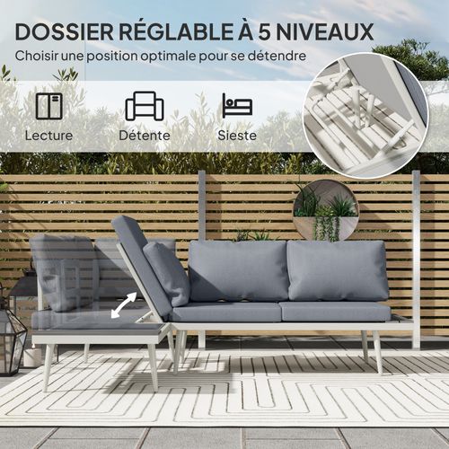Ensemble Salon De Jardin Modulable 4 Personnes 3 Pièces Design Métal Crème Coussins Gris