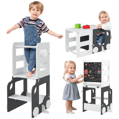 Tour D'observation Enfant Tour D'apprentissage 4 En 1 Design Voiture Bois Blanc Anthracite