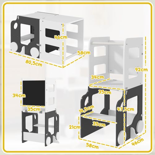 Tour D'observation Enfant Tour D'apprentissage 4 En 1 Design Voiture Bois Blanc Anthracite