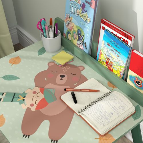 Ensemble Table Et Tabouret Enfant Design Animaux De La Fôret - Porte-livres Intégré - Bois