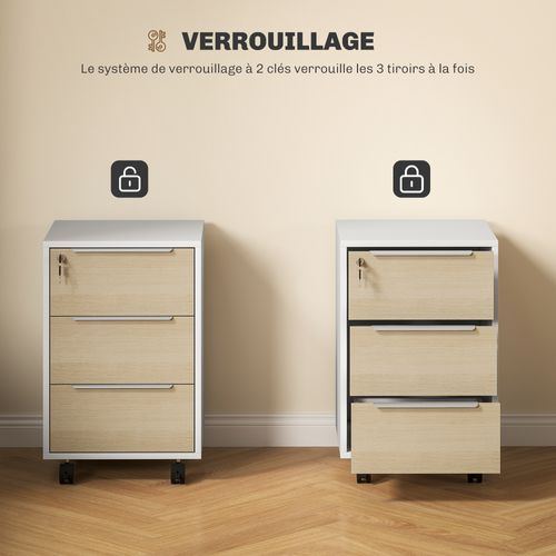 Caisson De Bureau 3 Tiroirs Verrouillables 2 Clés