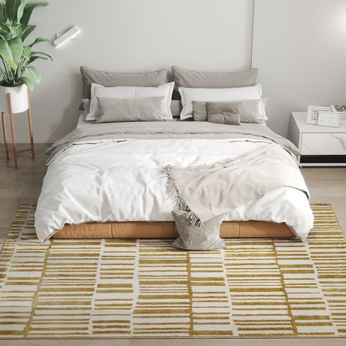 Tapis Salon Moderne Graphique Beige Moutarde 200 X 140 Cm