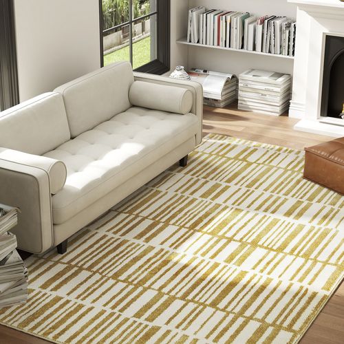 Tapis Salon Moderne Graphique Beige Moutarde 200 X 140 Cm