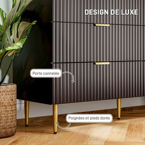 Commode 6 Tiroirs Design Effet Cannelé Piètement Poignées Métal Doré