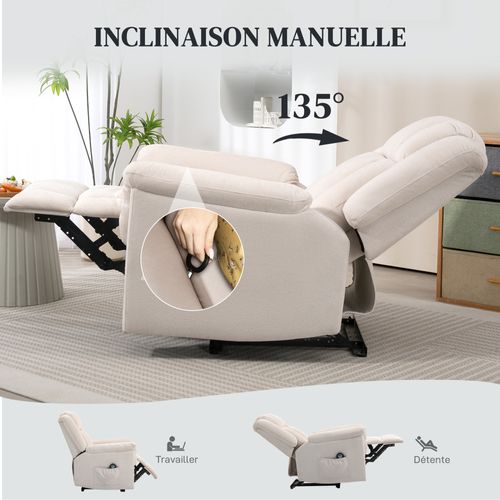 Fauteuil Massant Chauffant Inclinable Repose-pieds Intégré Velours Chenille Beige