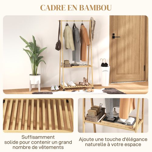 Portant Penderie à Vêtements En Bambou Mobile 4 Roulettes 2 Étagères
