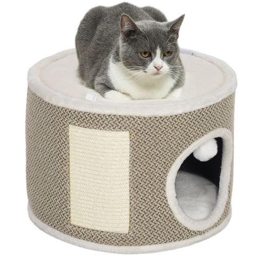 Panier Niche Griffoir Grattoir 4 En 1 - 2 Coussins, Pompon - Crème Café