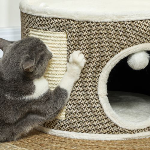 Panier Niche Griffoir Grattoir 4 En 1 - 2 Coussins, Pompon - Crème Café