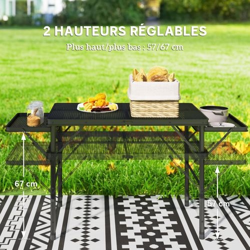 Table De Camping Pliante Réglable 2 Étagères Alu Maille Métal Noir