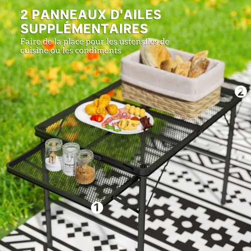Table De Camping Pliante Réglable 2 Étagères Alu Maille Métal Noir